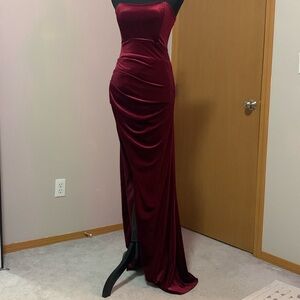 Burgundy Velvet Strapless Corset Prom Dress w/slit and gloves